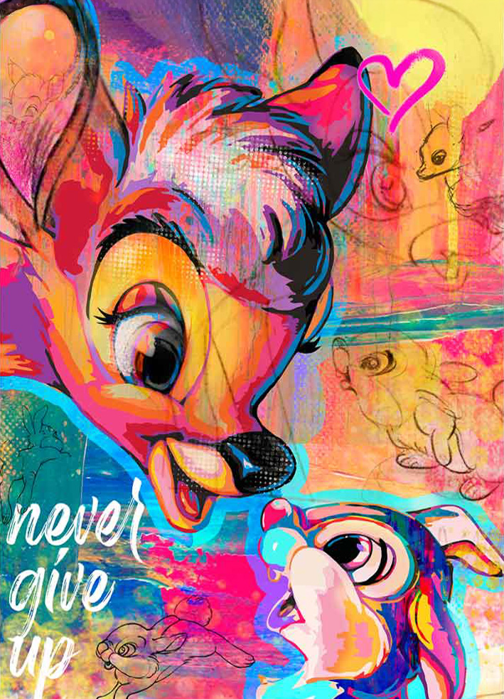 Posterbambi-never-give-neuPopArtWandbildKunstdruckFront-Vertical copy