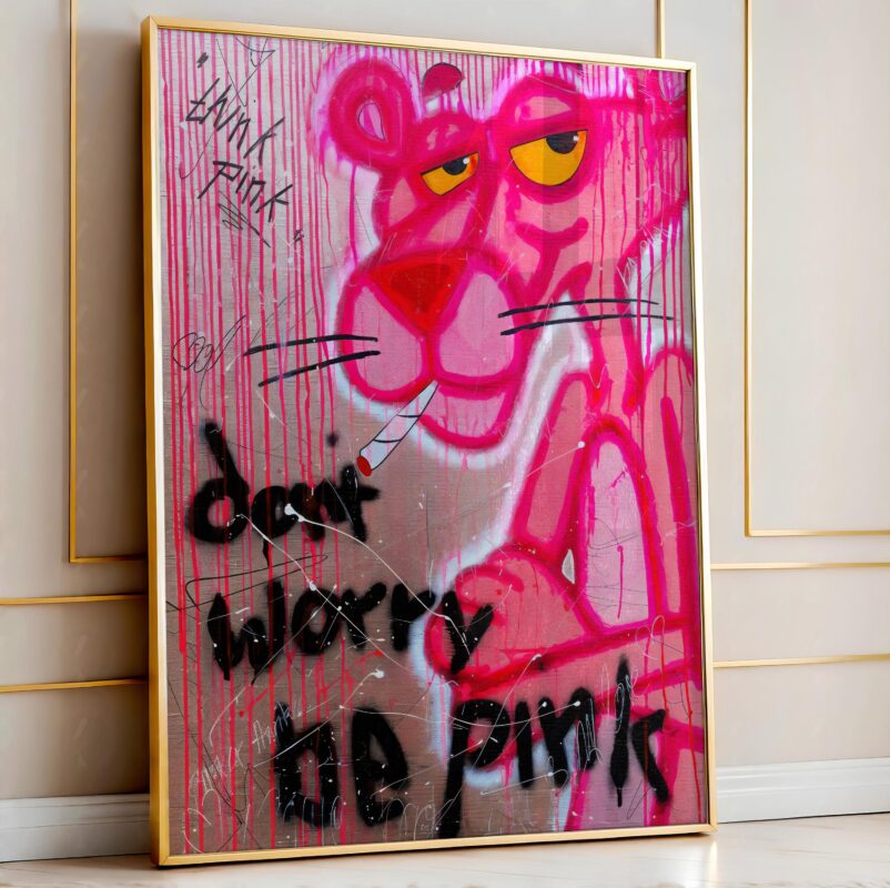 Close-up of Pink Panther pop graffiti artwork on canvas