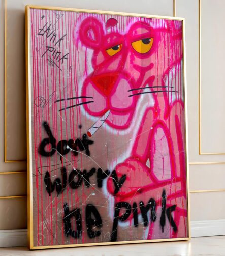 Close-up of Pink Panther pop graffiti artwork on canvas