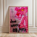 Front view of Pink Panther graffiti canvas wall art in pink and black tones