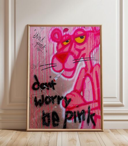 Front view of Pink Panther graffiti canvas wall art in pink and black tones