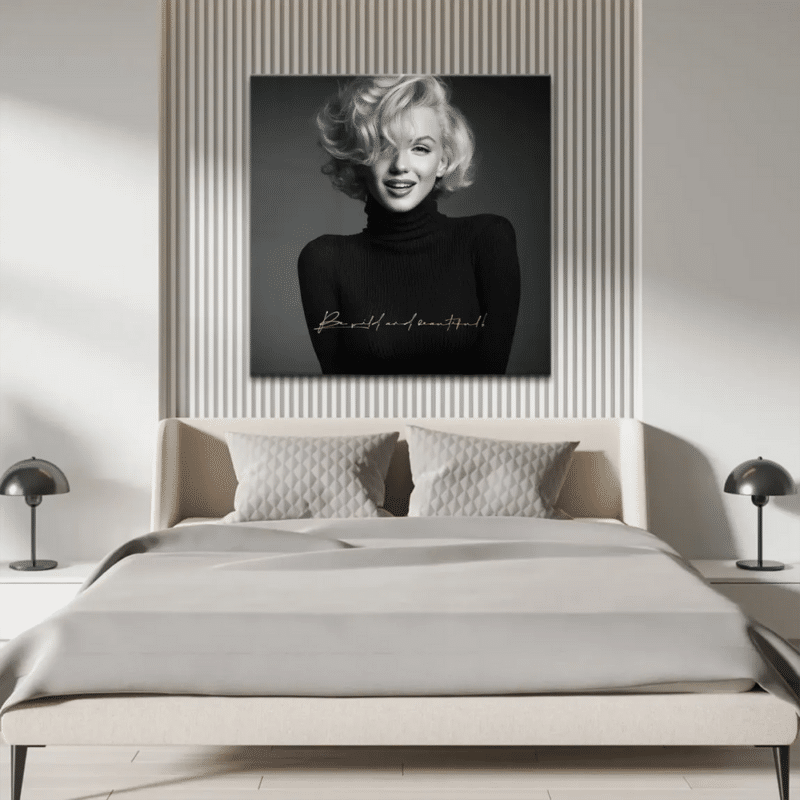 Woman in black turtleneck with gold text overlay wall art
